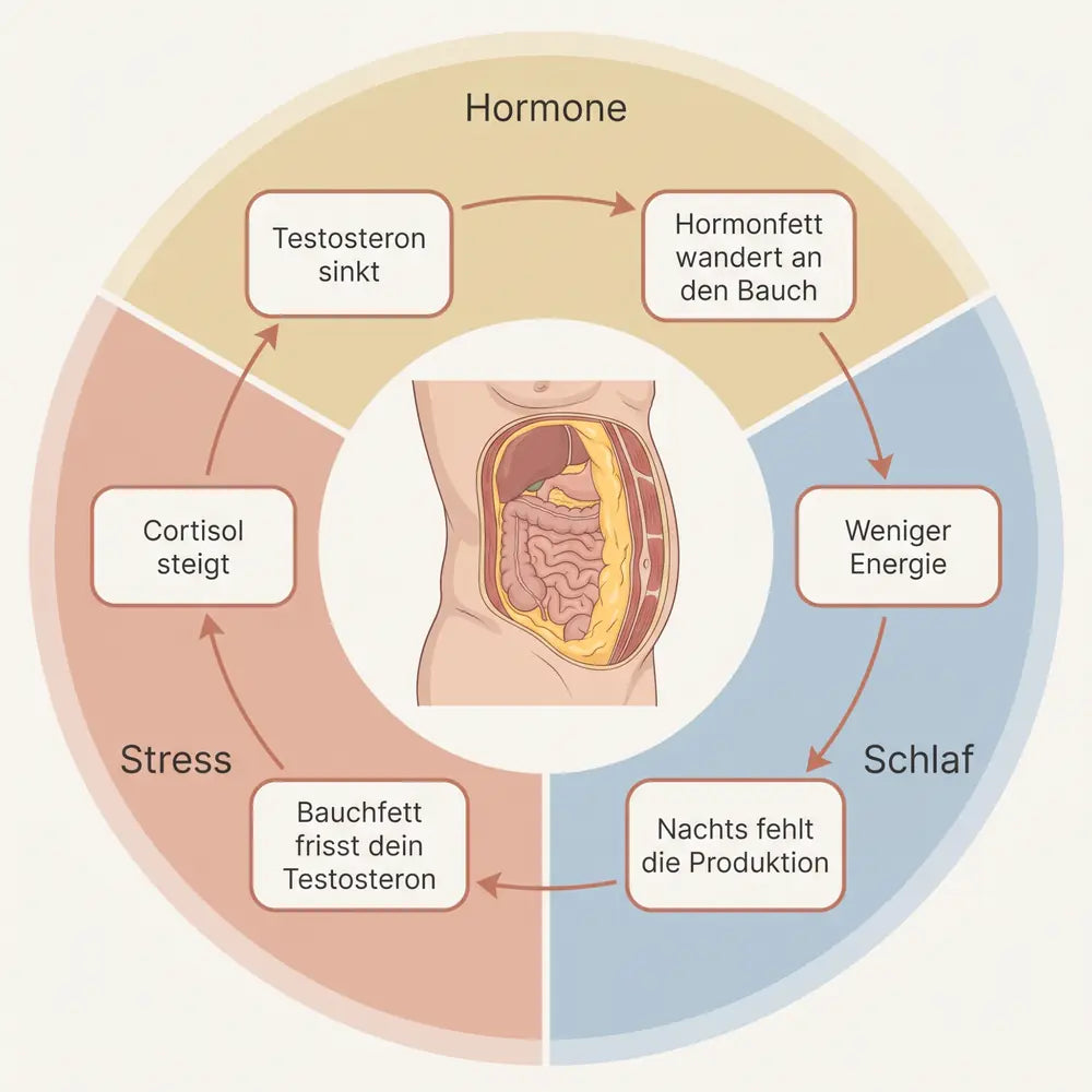 Teufelskreis aus Stress, Hormonen und Schlaf: Cortisol steigt, Testosteron sinkt, Hormonfett wandert an den Bauch
