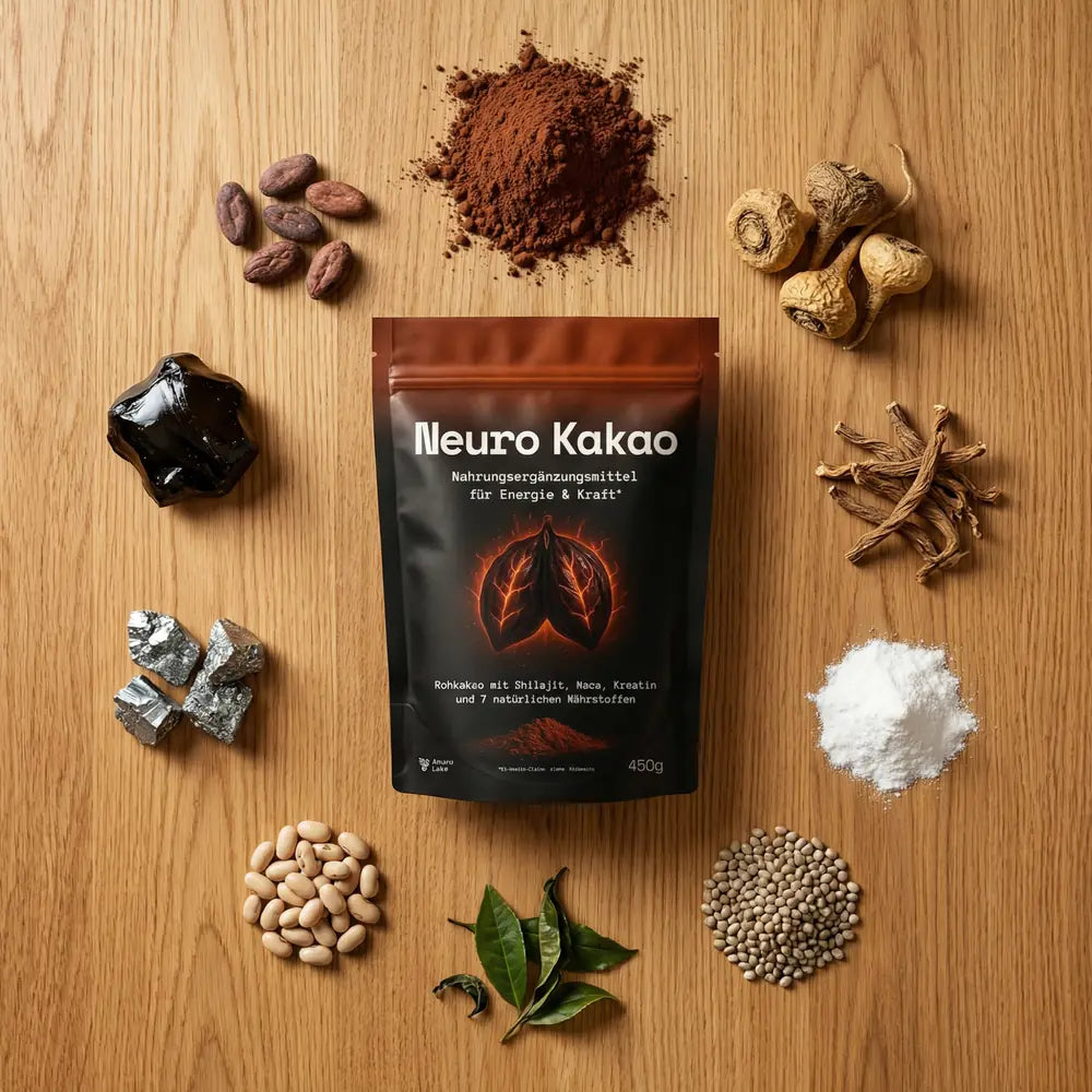 Neuro Kakao Beutel mit allen Rohstoffen: Kakao, Maca, Shilajit, Rhodiola, Zink, Kreatin und mehr